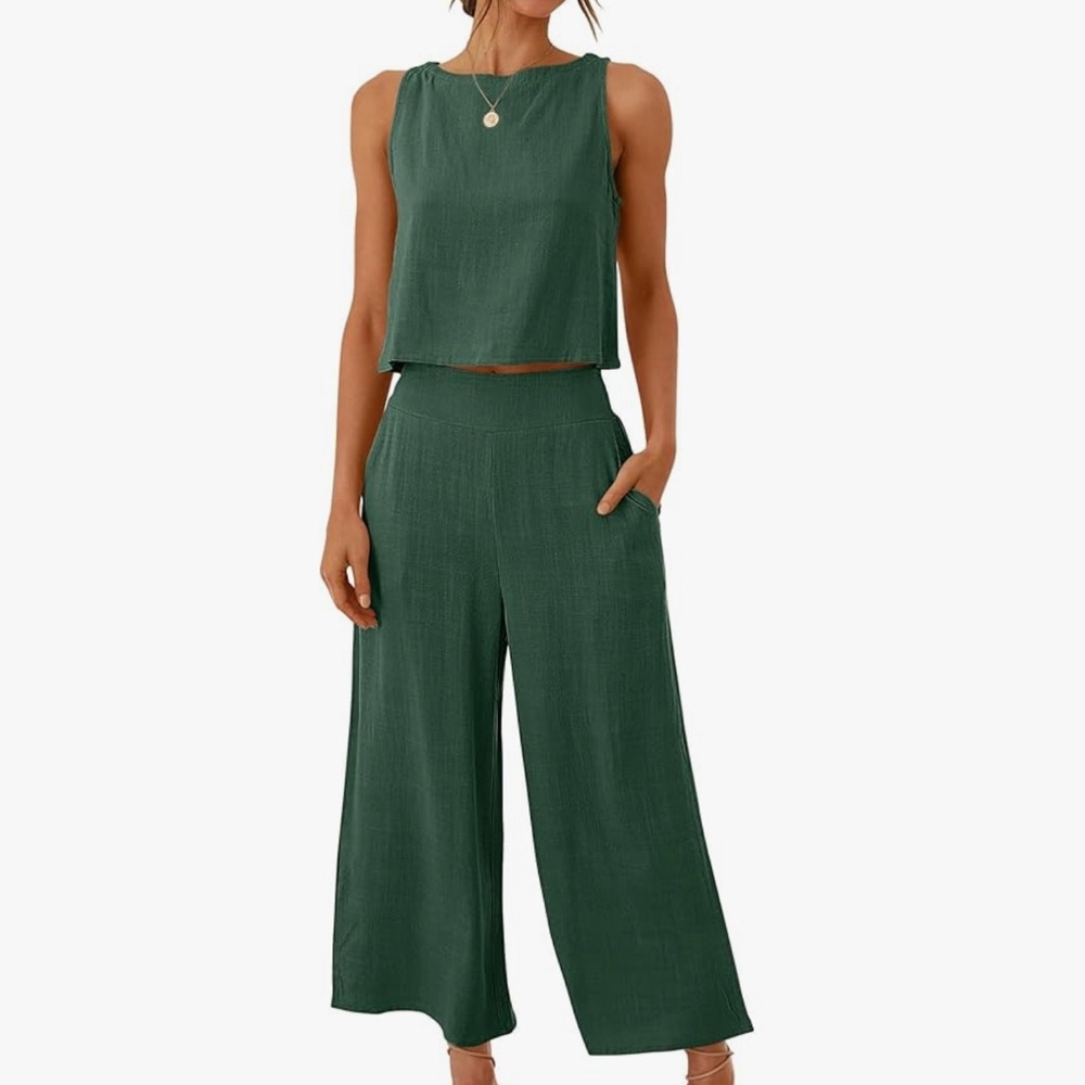 ANRABESS 2 Piece Outfits Sleeveless Crop Top Capri Wide Leg Pants Jumpsuit Linen